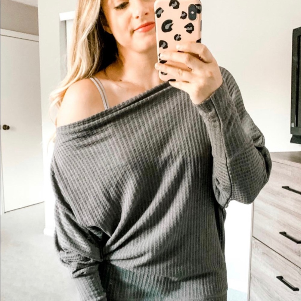 Grey Waffle Knot Dolman Sleeve Top